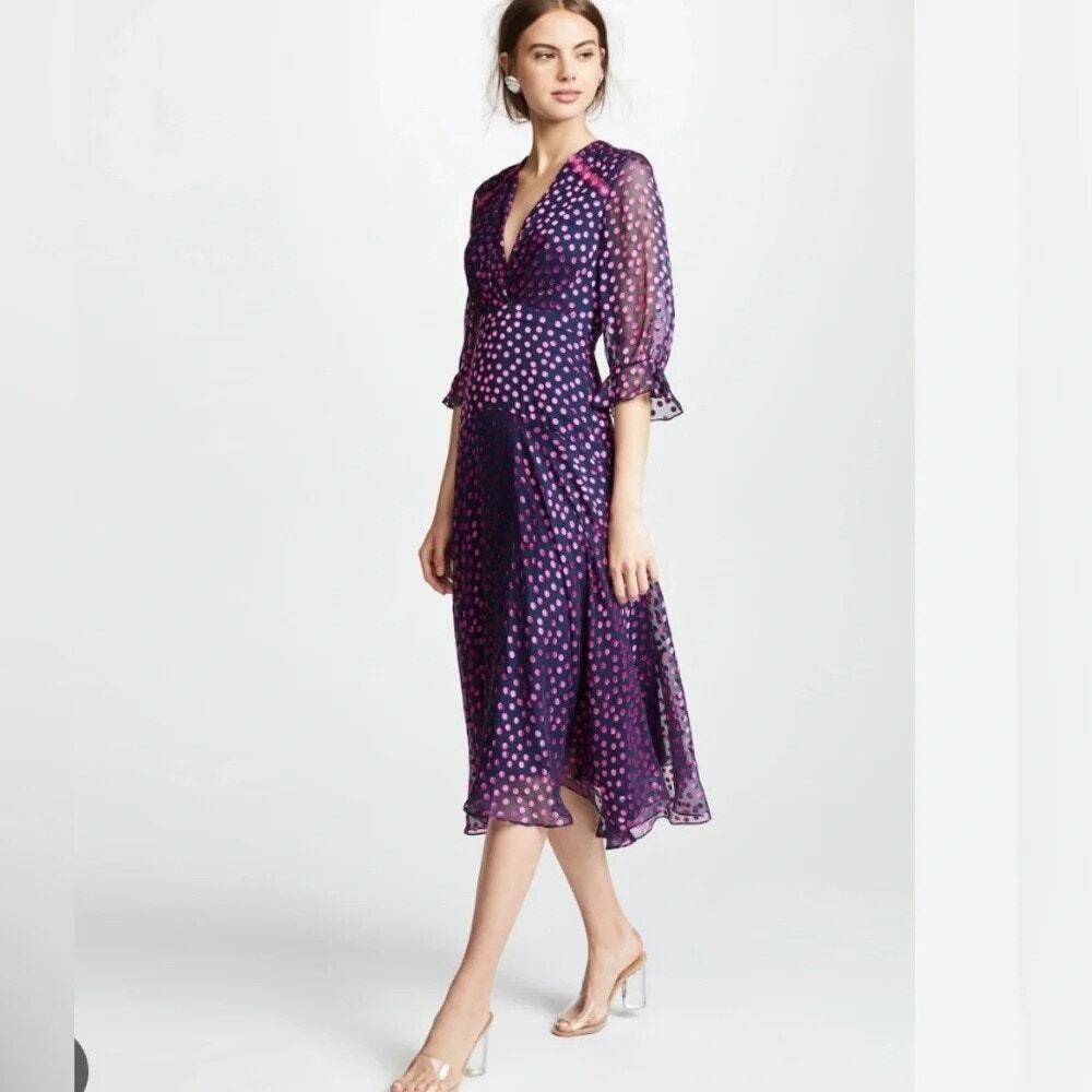 NWT Saloni Edith polka dot flocked silk-blend chiffon midi dress Size 6